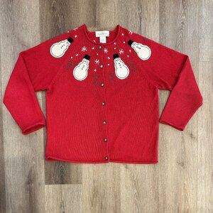 Vintage 90s Susan Bristol Holiday Christmas Snowman Sweater Cardiagan Size L